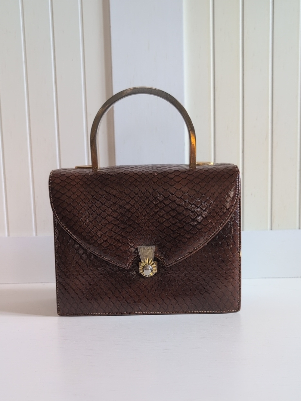 Vintage Brown Leather Brass Hardware Top-Handle Women's Purse